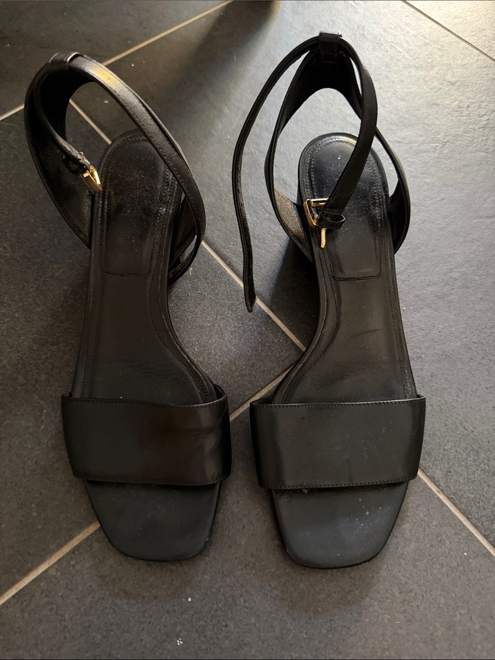 Michael Kors Collection Black Ankle-Strap Sandals with Gold Buckle